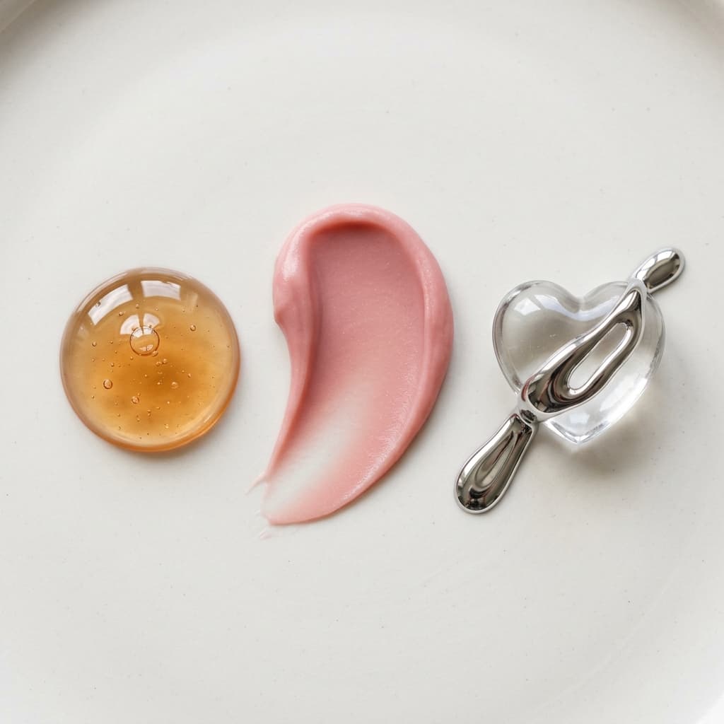 Eliya Atelier authentic texture swatches: Syrup Gel, Rose Butter, and 3D Chrome Heart